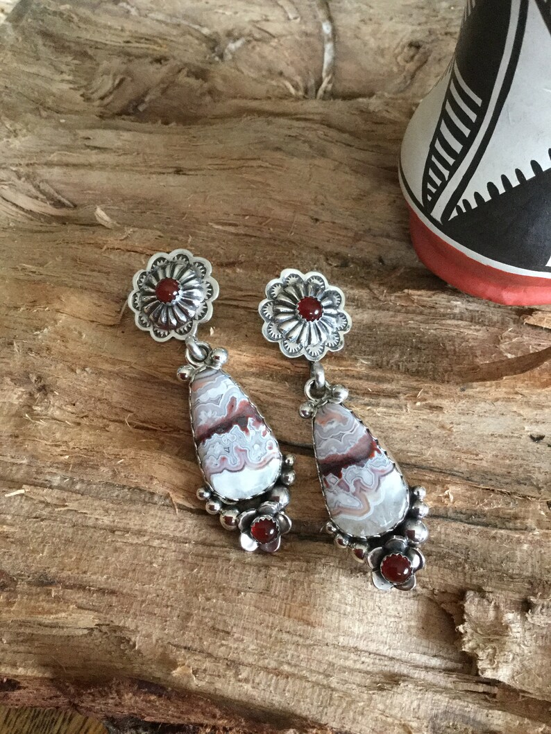Laguna Agate EarringsArtisan Handmade Sterling Silver Carnelian Wildflowers