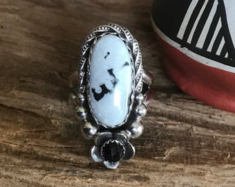White BuffaloTurquoise rope ring with a Black onyx wildflower~ Artisan handmade sterling silver ring~ Southwestern Jewelry Size 8 (5009)