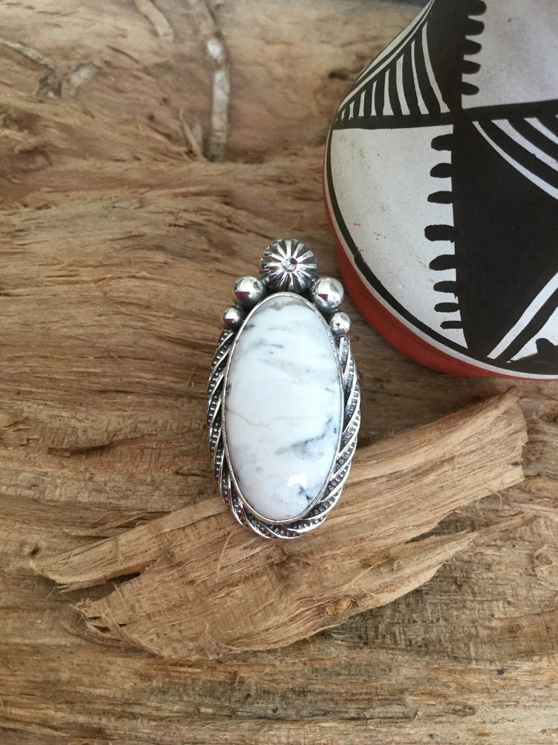 White Buffalo Turquoise Ring Artisan Jewelry Southwestern Jewelry OOAKStatement Ring Sterling Silver Size US 7