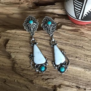 White Buffalo and Turquoise earrings~ Artisan Handmade~ Sterling Silver~ Southwestern Style~ 2 7/8” long (5239)
