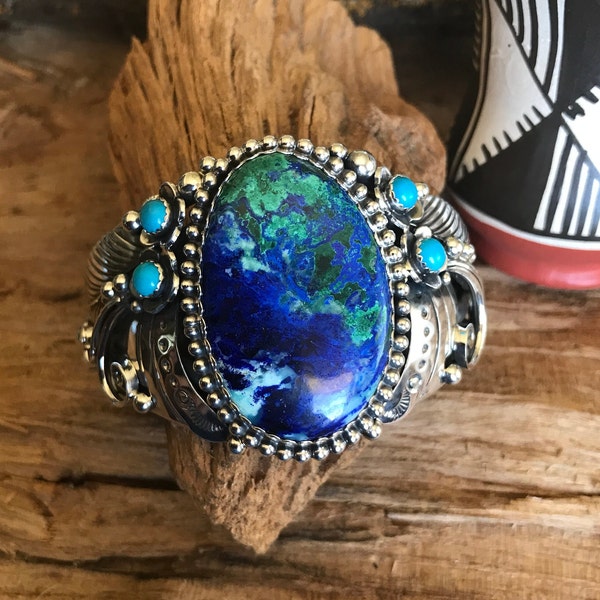 Bluebird Mine Azurite Malachite Cuff Bracelet~ Sterling Silver~ Artisan Handmade With Sleeping Beauty Turquoise Wildflowers