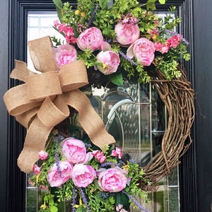 Farmhouse Wreath, Peony Wreath, Wreath for front door, Pink floral wreath, wildflowers, housewarming, Wedding gift image 2