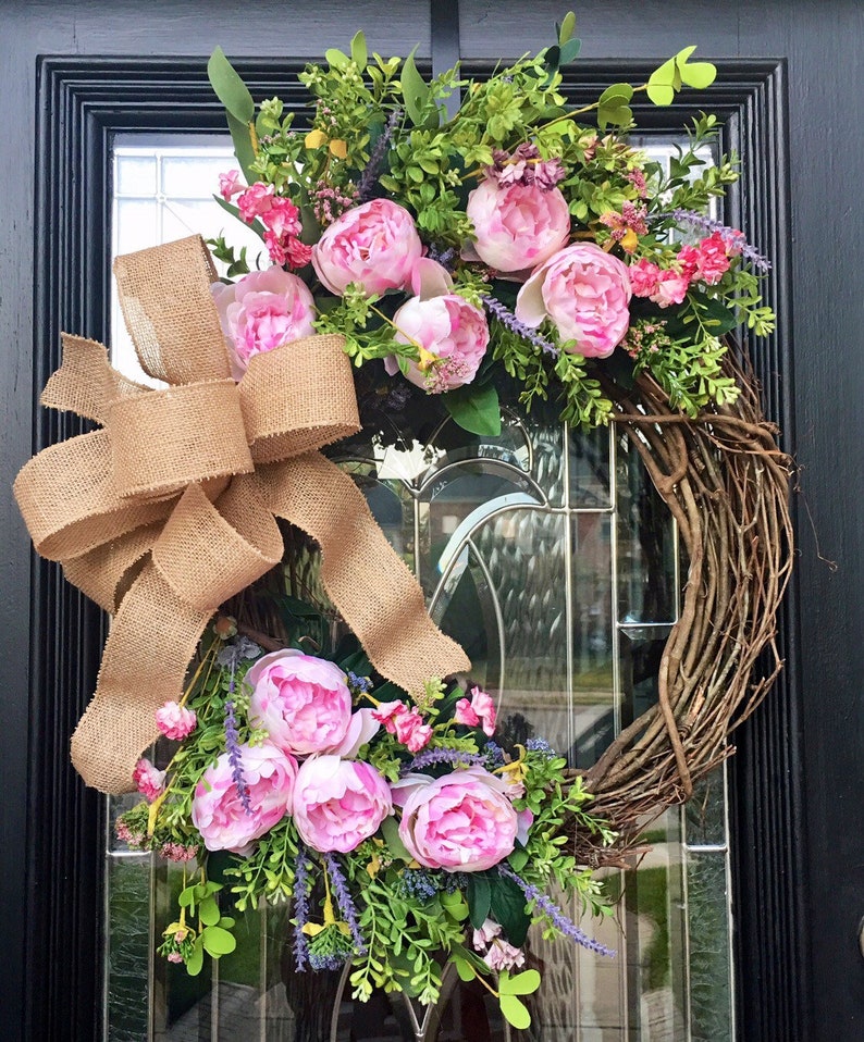 Farmhouse Wreath, Peony Wreath, Wreath for front door, Pink floral wreath, wildflowers, housewarming, Wedding gift image 2