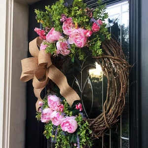 Farmhouse Wreath, Peony Wreath, Wreath for front door, Pink floral wreath, wildflowers, housewarming, Wedding gift image 5