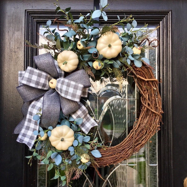 Farmhouse Fall Wreath, fall Wreath, Burlap Wreath, White Pumpkin Wreath, Buffalo Check, Gray Wreath, Fall Wreath, Gray and White Wreath