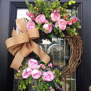Farmhouse Wreath, Peony Wreath, Wreath for front door, Pink floral wreath, wildflowers, housewarming, Wedding gift image 3