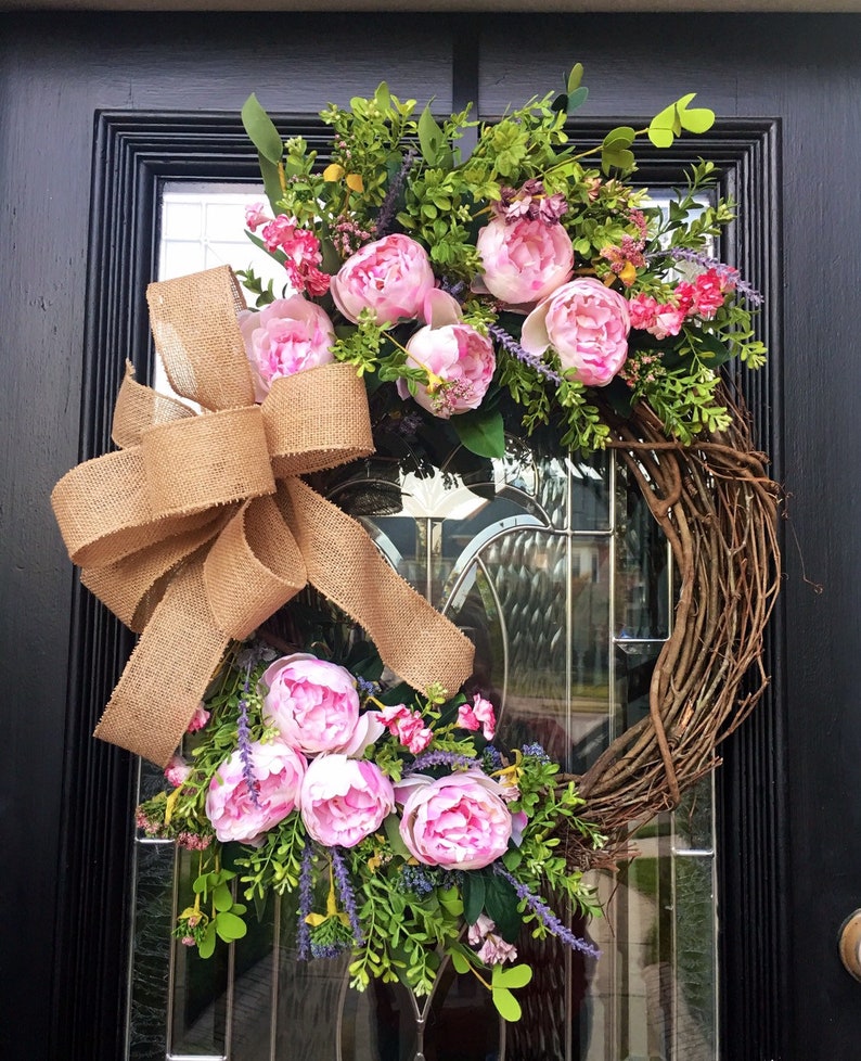 Farmhouse Wreath, Peony Wreath, Wreath for front door, Pink floral wreath, wildflowers, housewarming, Wedding gift image 3