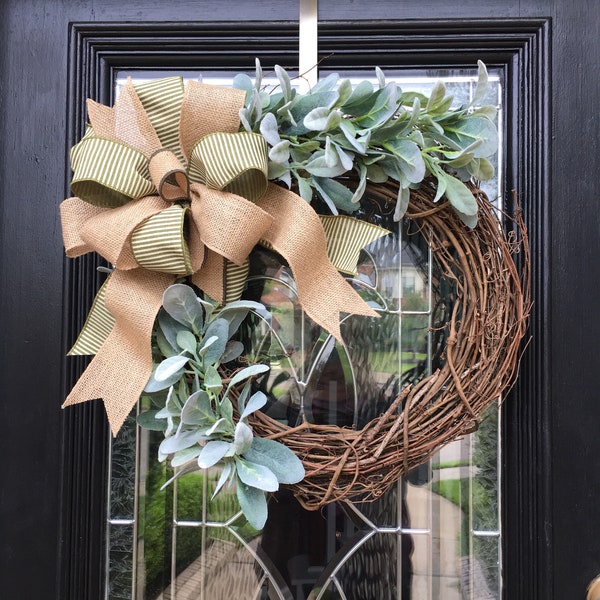 For Nicole- Farmhouse Wreath, Everyday Wreath, Lambs Ear Wreath, Year Around Wreath, Wreath for Indoors, Front Door Wreath, add sign and bow