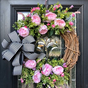 Farmhouse Wreath, Peony Wreath, Wreath for front door, Pink floral wreath, wildflowers, housewarming, Wedding gift image 1