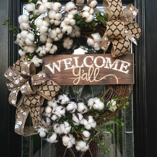 Farmhouse Cotton Wreath, Welcome Y'all, Everyday Wreath, Year Around Wreath, Fixer Upper Style