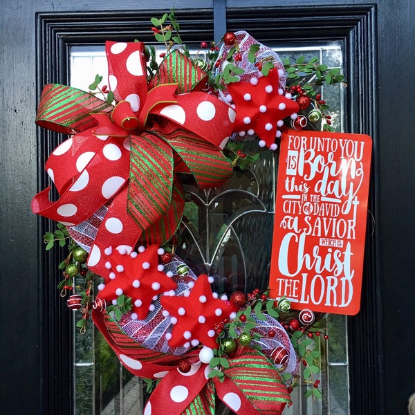 Christmas Wreath, Holiday Wreath, Wreath for Christmas, Front Door Christmas Wreath, Polka Dots, Red and Green, Christian Christmas Decor,