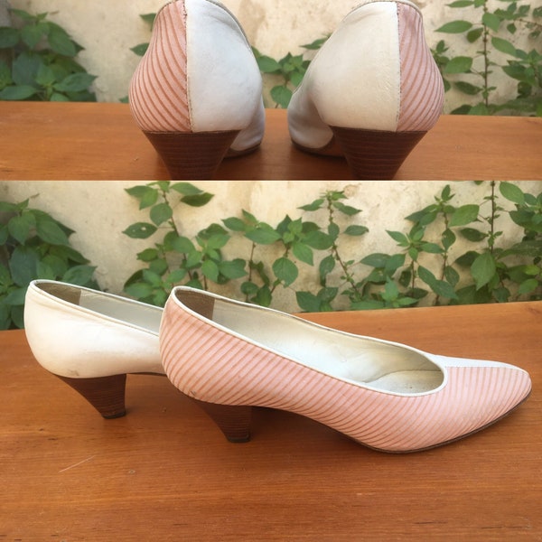 Vintage 1980s two tone summer décolleté, white and pink 80s shoes