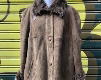 Vintage 80s shearling coat with leather inserts, 80s sheepskin coat