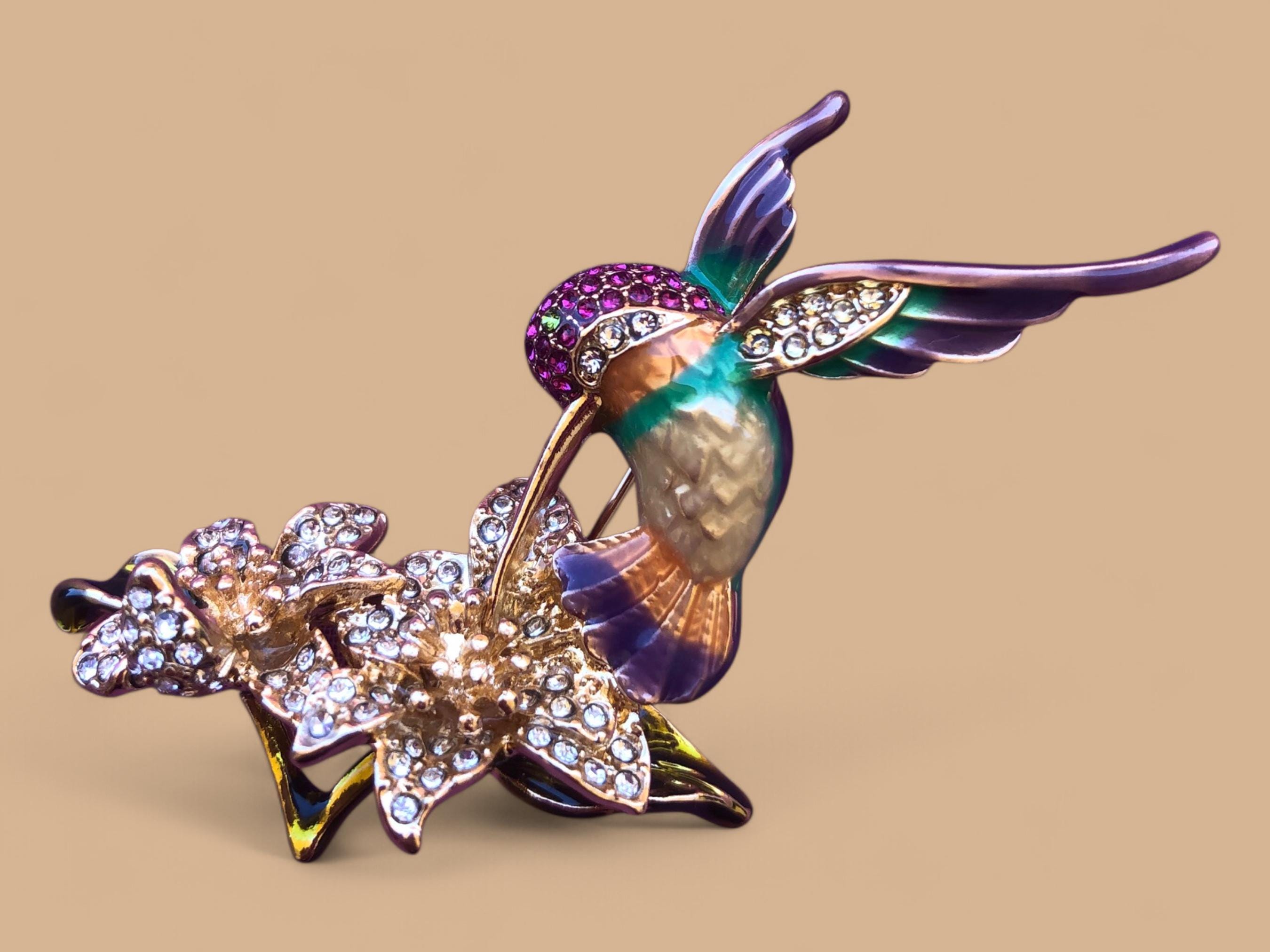 Napier Women's Classics Hummingbird & Flower Brooch Pin - Multicolored Rhinestone Embellished, 1.75x2 Inches