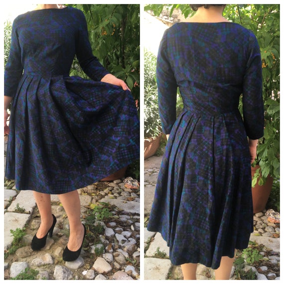 Original 50s dark patterned dress with tulle unde… - image 1