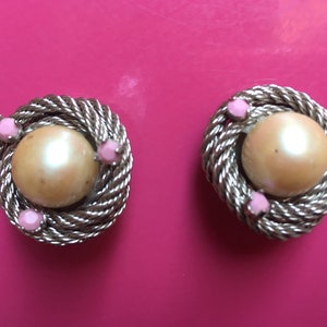 Vintage 60s silver tone with pink rhinestones and white pearl clip on earrings