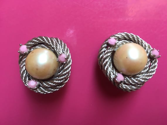 Vintage 60s silver tone with pink rhinestones and… - image 1