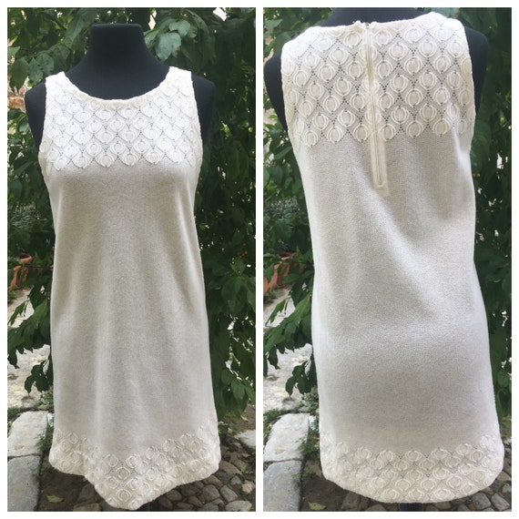 Original 60s white mini dress, embroidered wool fa