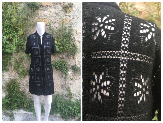 Vintage 70s black cotton crochet cover-up dress