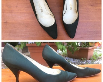 Vintage 60s green forest silk pumps EU 35