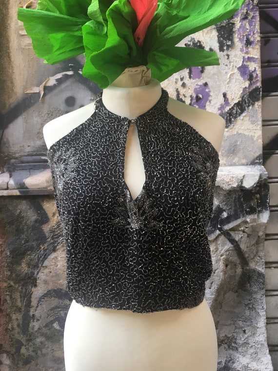 Vintage 70s refined grey rich beads embroidery hal