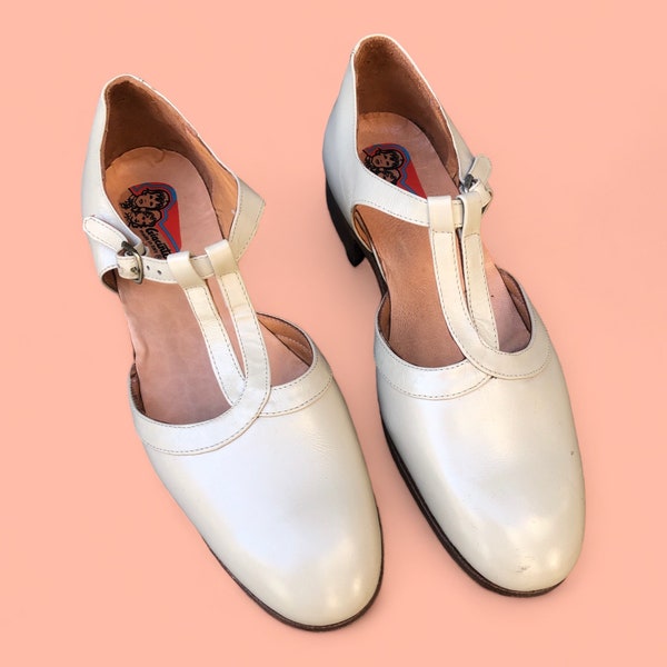 Vintage 70s deadstock crema cuero blanco zapatos Mary Jane