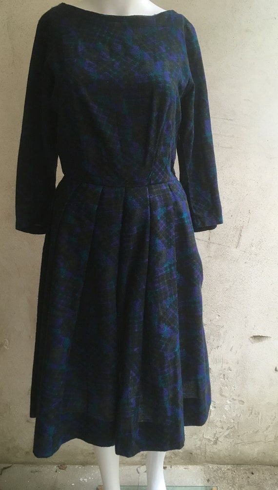 Original 50s dark patterned dress with tulle unde… - image 3