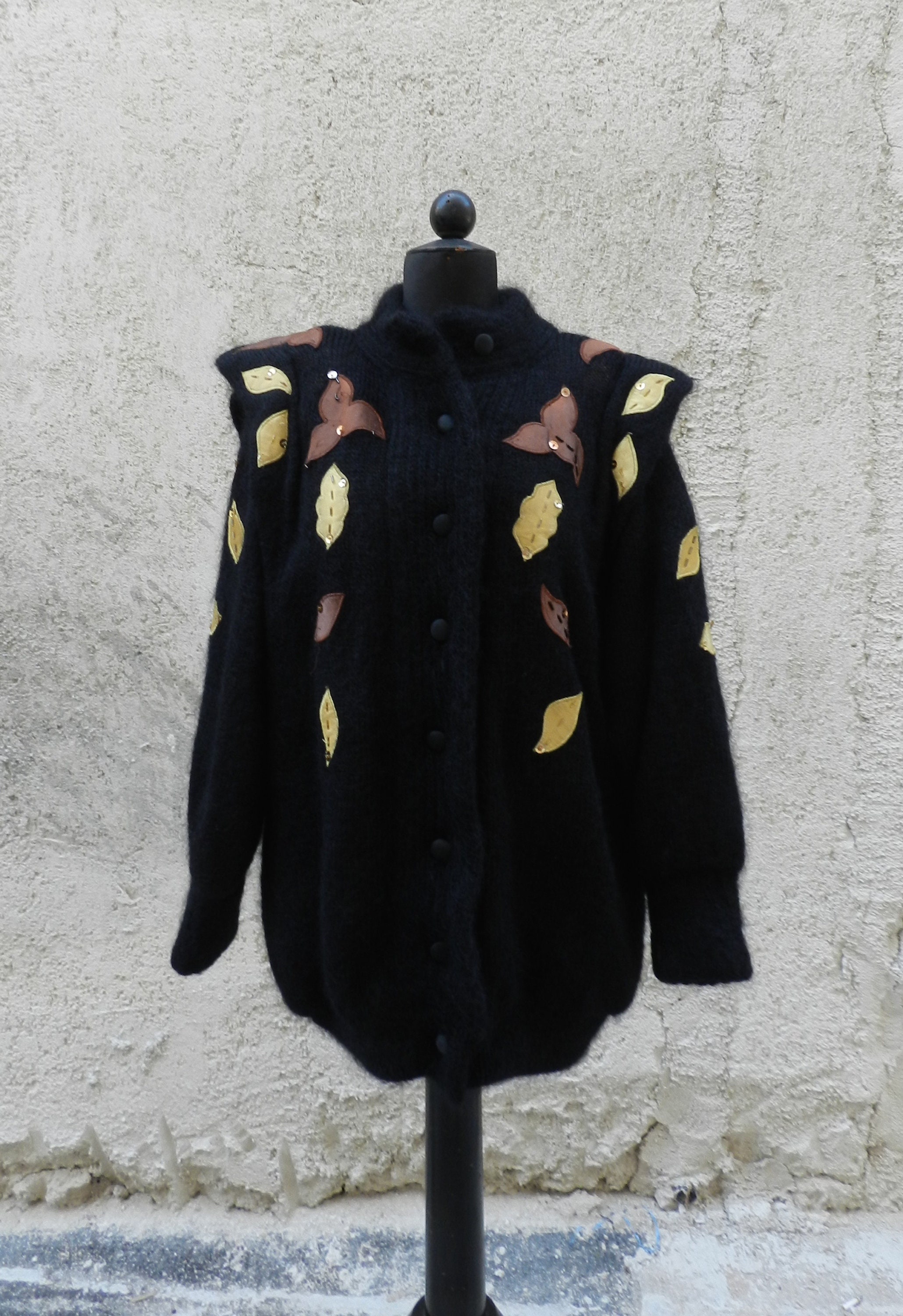 Vintage 1980s Black Mohair Coat With Leaf and Sequins - Etsy