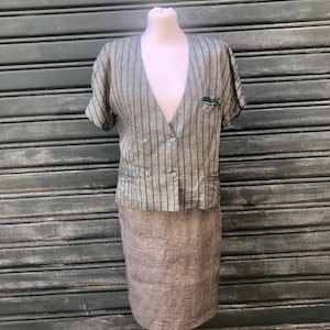 Vintage 80er grauer und grüner Leinenrock und Jackenanzug