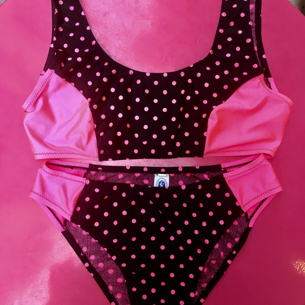Saashi Vintage Brown Pink Polka Dot Bikini Set High Cut Two Piece Swimsuit.