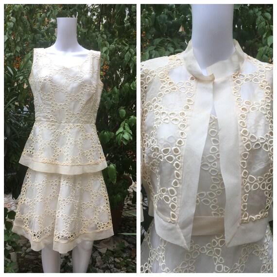 Vintage 60s carved organza white cream dress