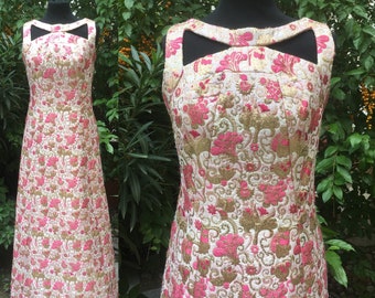 Rare! Late 60s evening gown in rich pink and golden brocade