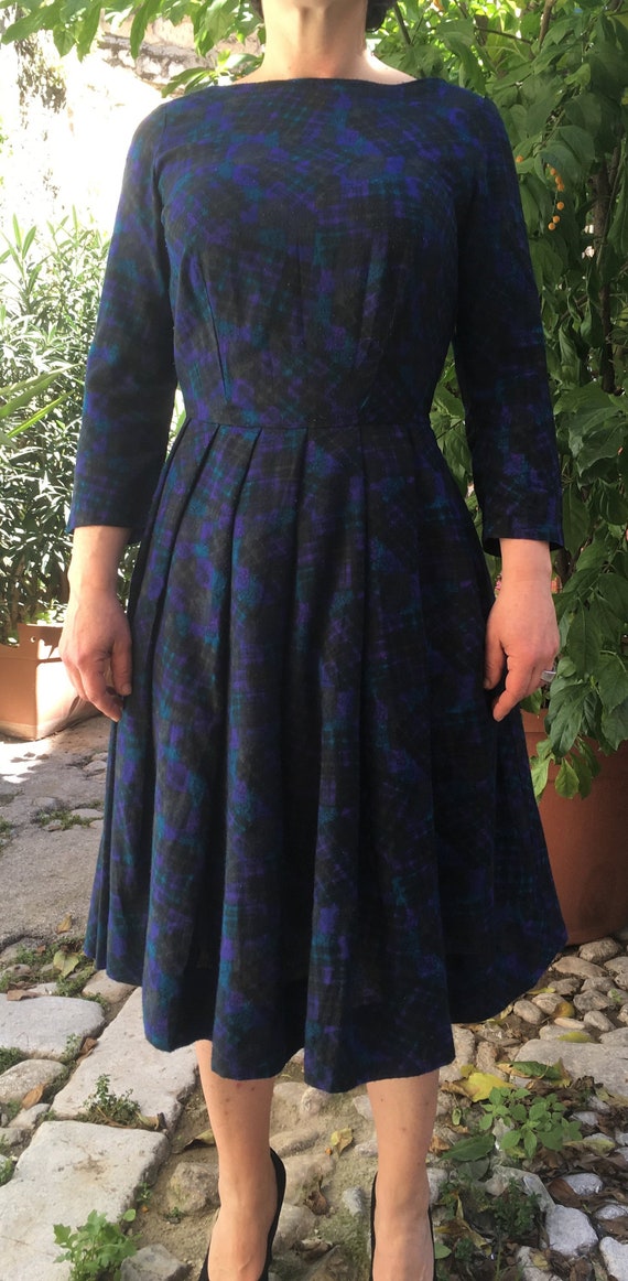 Original 50s dark patterned dress with tulle unde… - image 2