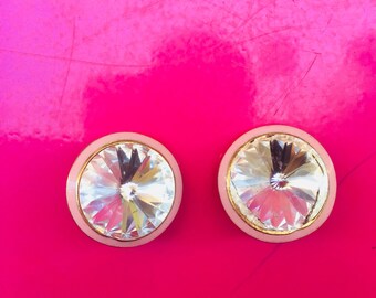 Vintage anni '80 orecchini a clip circolari smalto rosa e strass