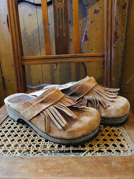 70s clogs, suede with fringe. EU40 US9 UK7