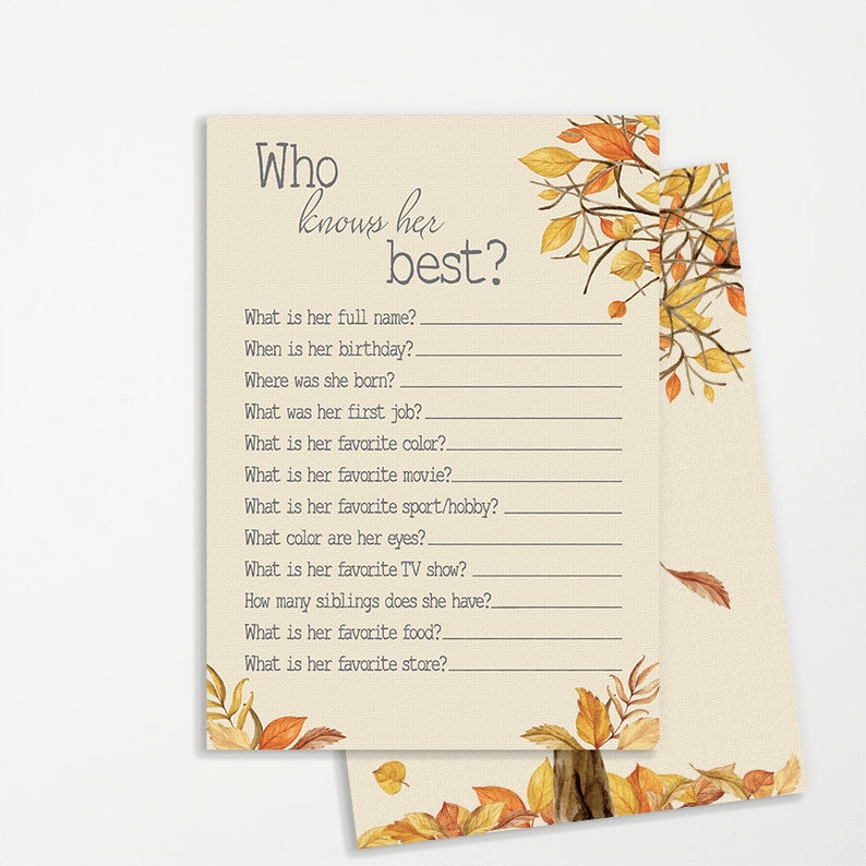 INSTANT DOWNLOAD Rustic Shower Fall Decor Shower Game Printable Card Who Knows the Bride Best Who Knows Her Who Knows Mom