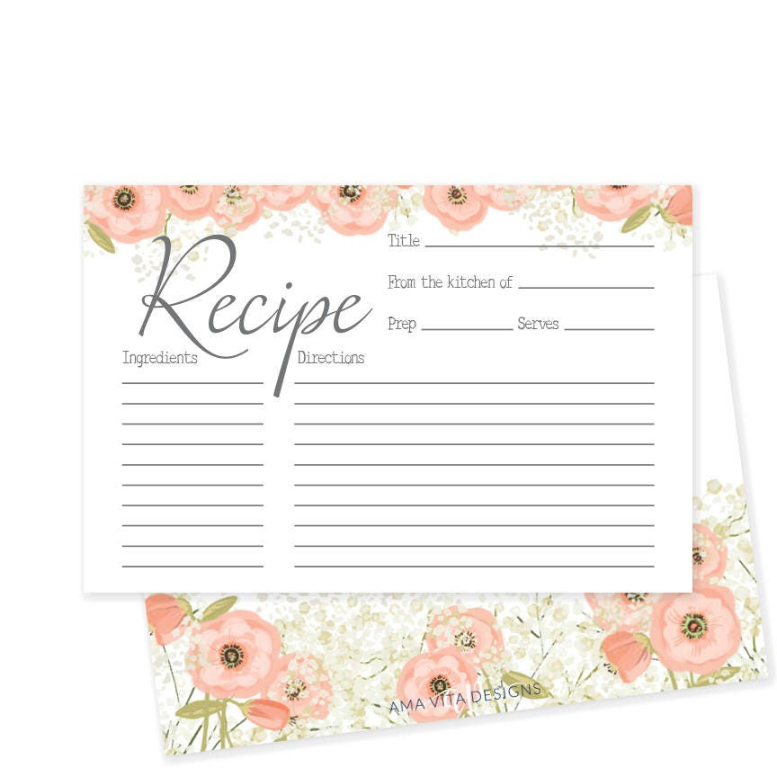 Printable Recipe Card for Bridal Shower Rustic Pink Flowers | Etsy