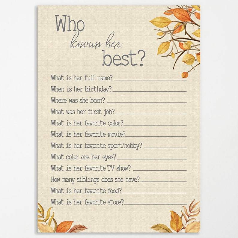 INSTANT DOWNLOAD Rustic Shower Fall Decor Shower Game Printable Card Who Knows the Bride Best Who Knows Her Who Knows Mom