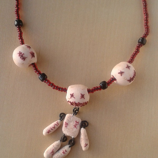 Red Beaded Voodoo Doll Necklace