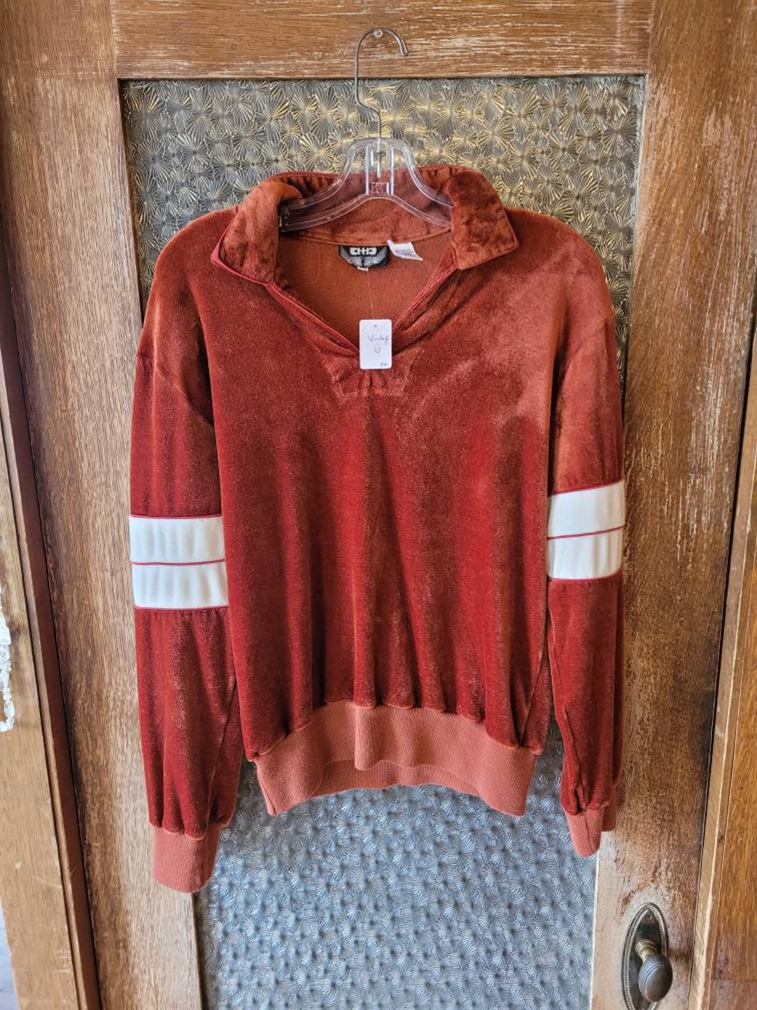 VINTAGE Orange Mens Sweater With White Stripes on Sleeves