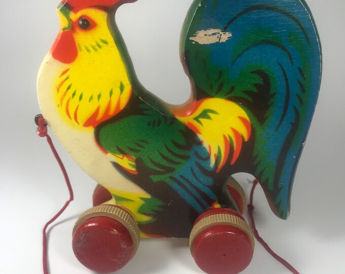 Vintage Classic Wooden Pull Along Rooster Toy Etsy