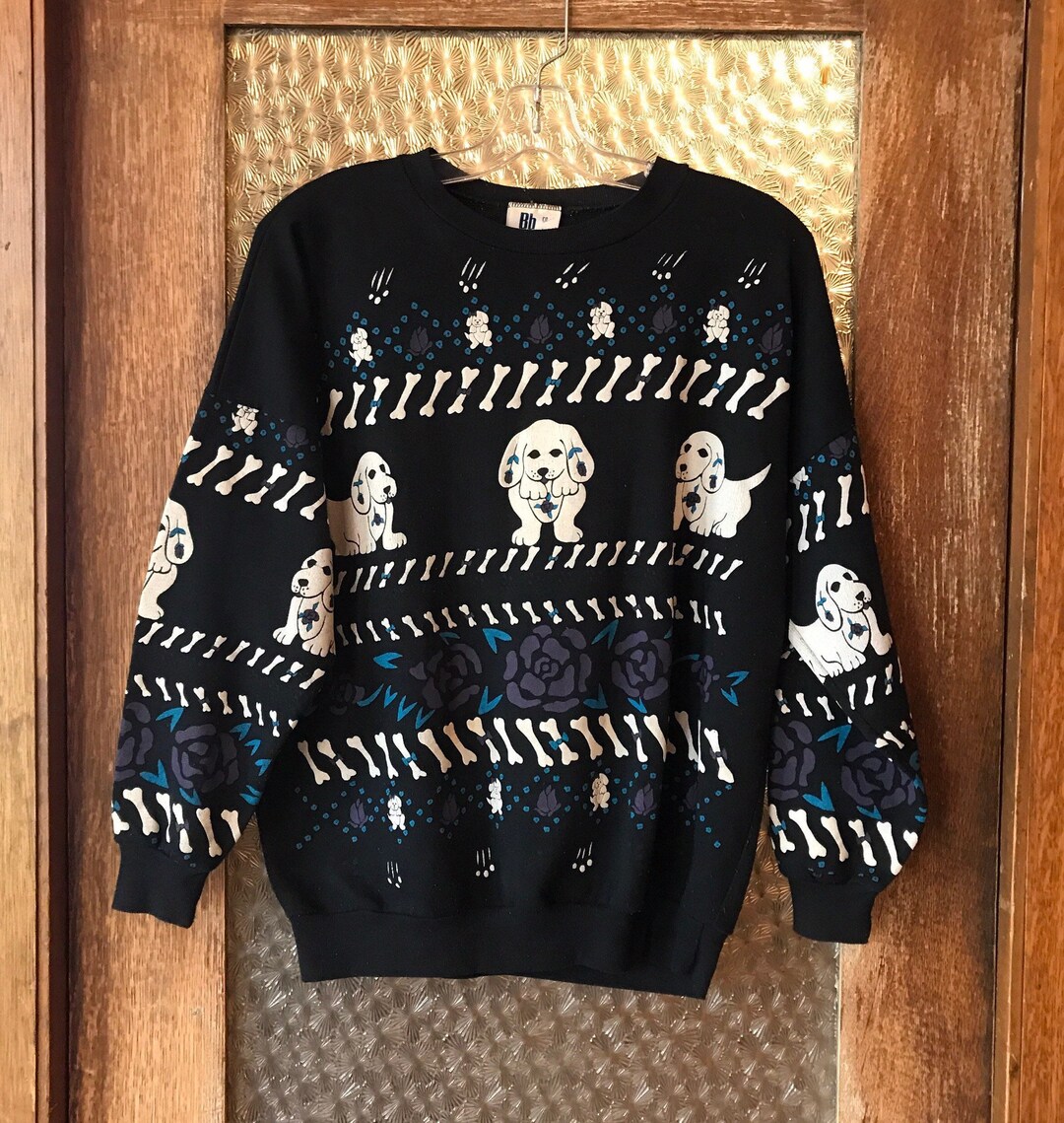 Vintage Black Dog Sweater With Bones & Roses Etsy