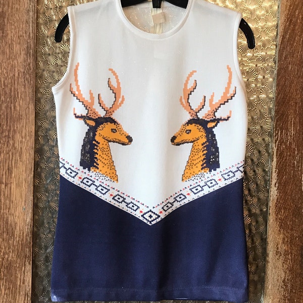 Vintage Blue/White Sleeveless Tunic Top with Deer