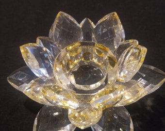 VINTAGE Yellow and Clear Glass Lotus Flower Candleholder