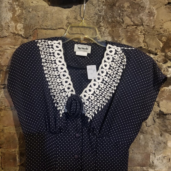 VINTAGE  Short Sleeve Maxi Navy Polkadot Dress