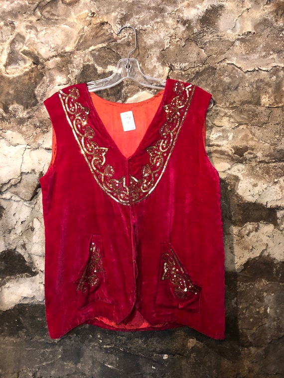 VINTAGE Red Velvet Sequin Vest L - image 1