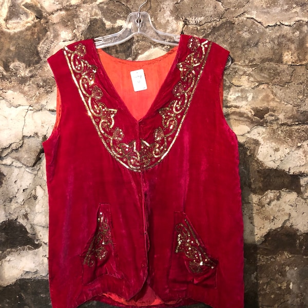 VINTAGE Red Velvet Sequin Vest L