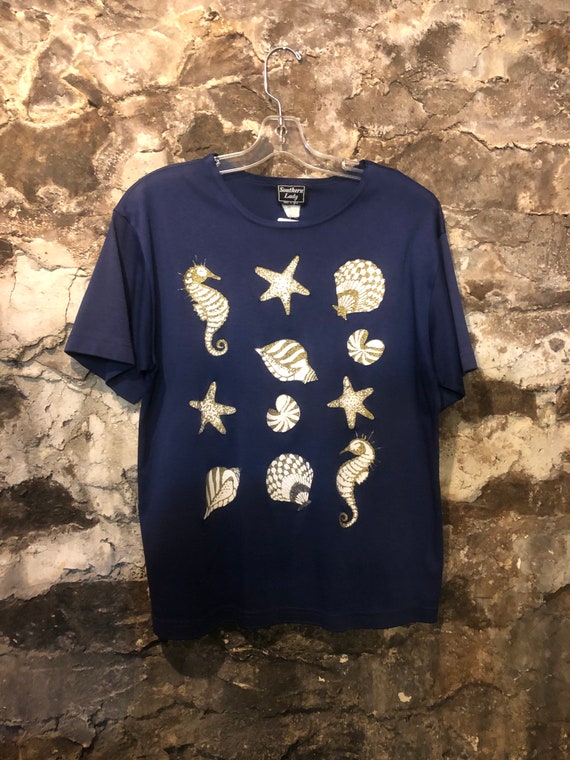 VINTAGE Ocean Theme Sea Horse Shell Painted Shirt… - image 1