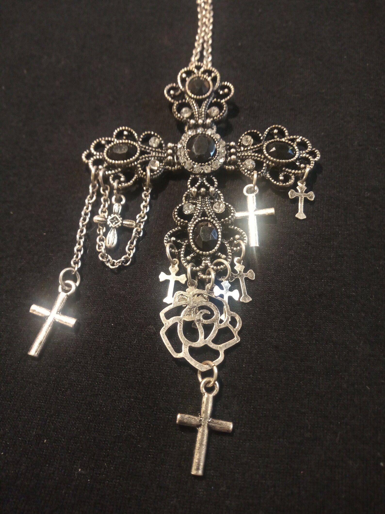 VINTAGE Cross Pendant Necklace with Black Gemstone Etsy