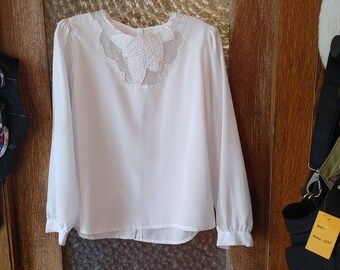 Vintage Women's White Missorly Blouse with Sheer Leaves and Pearls